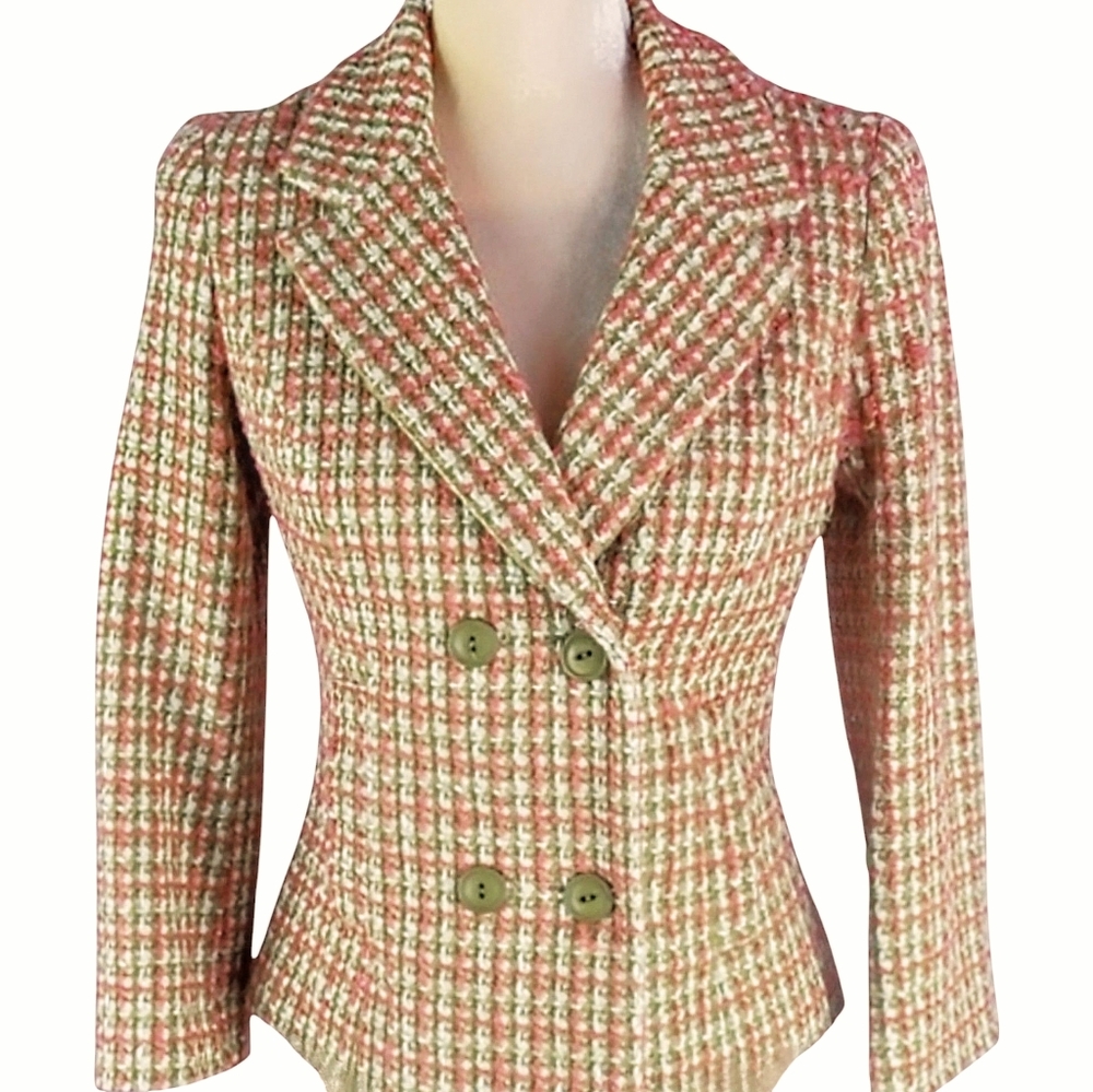 Betsy Johnson Size 2 Tweed Crop Wool Jacket Olive Green & Pink Vintage
